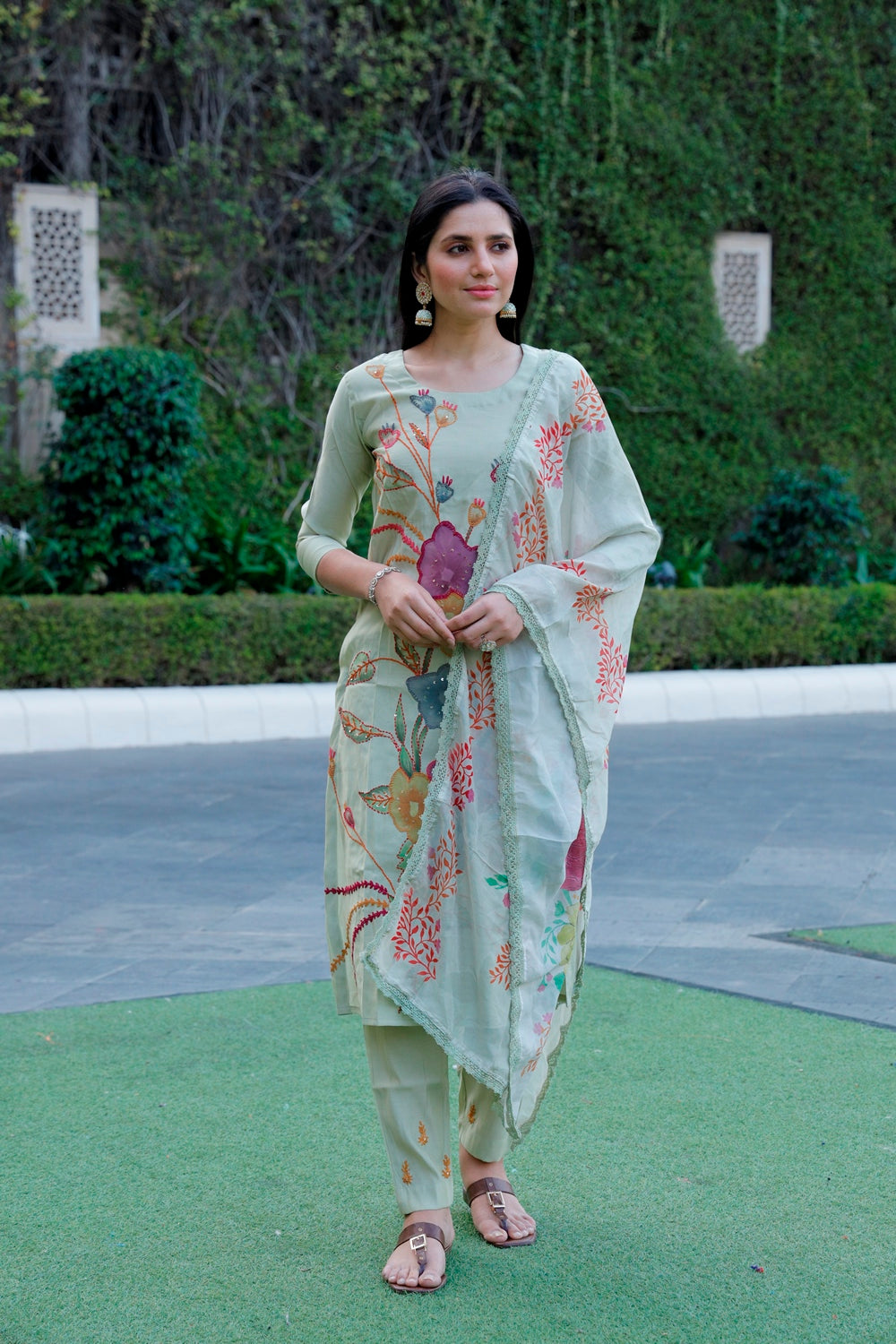Green Muslin Kurti, Pant & Dupatta Set
