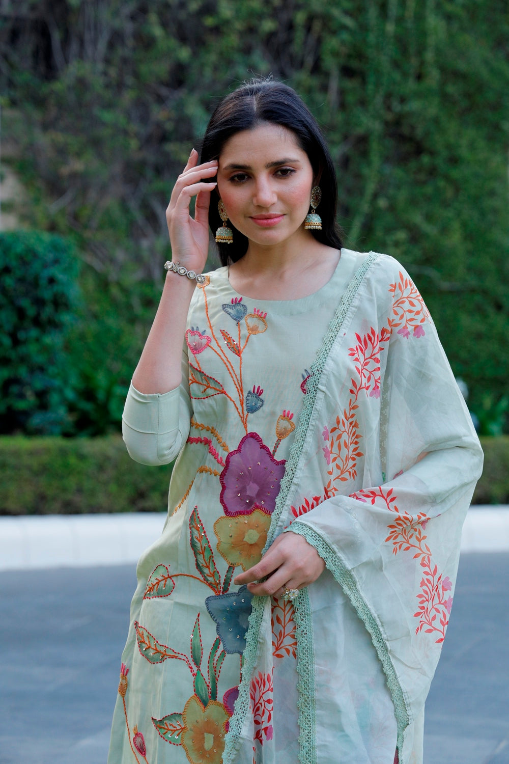 Green Muslin Kurti, Pant & Dupatta Set