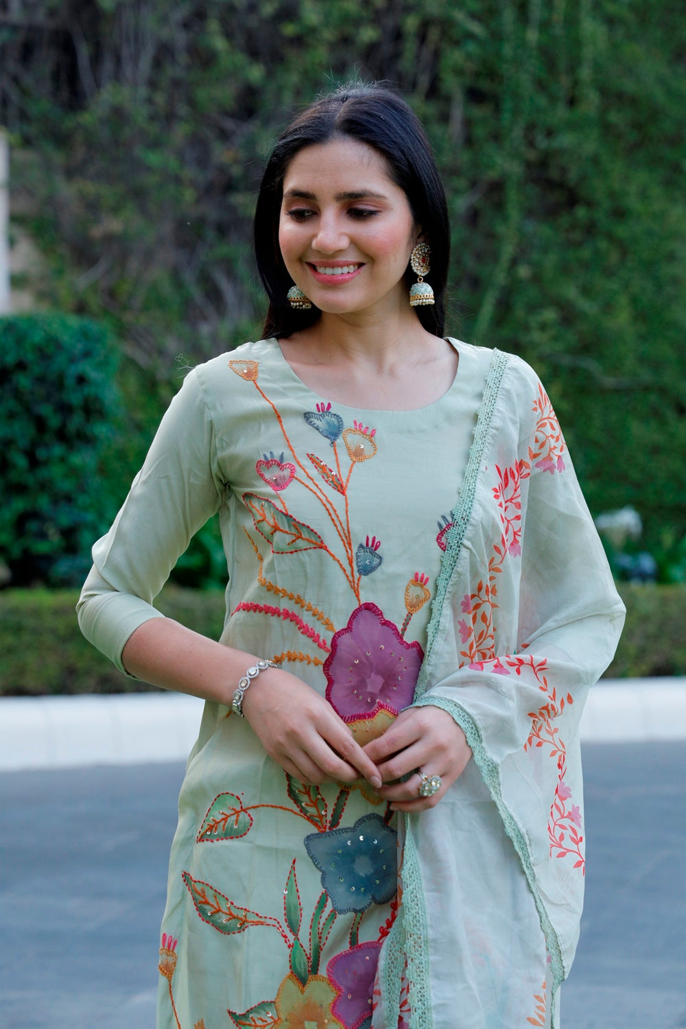 Green Muslin Kurti, Pant & Dupatta Set