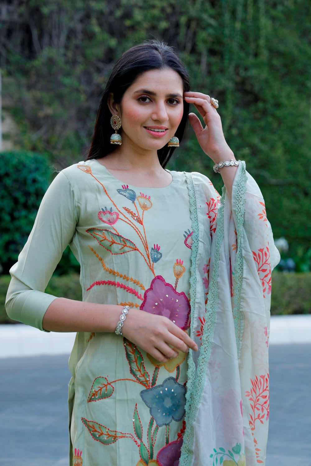 Green Muslin Kurti, Pant & Dupatta Set