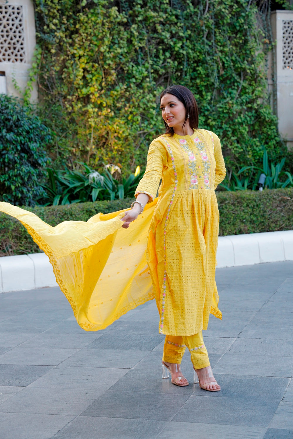 Yellow Cotton Shiffli Kurti, Pant & Dupatta Set