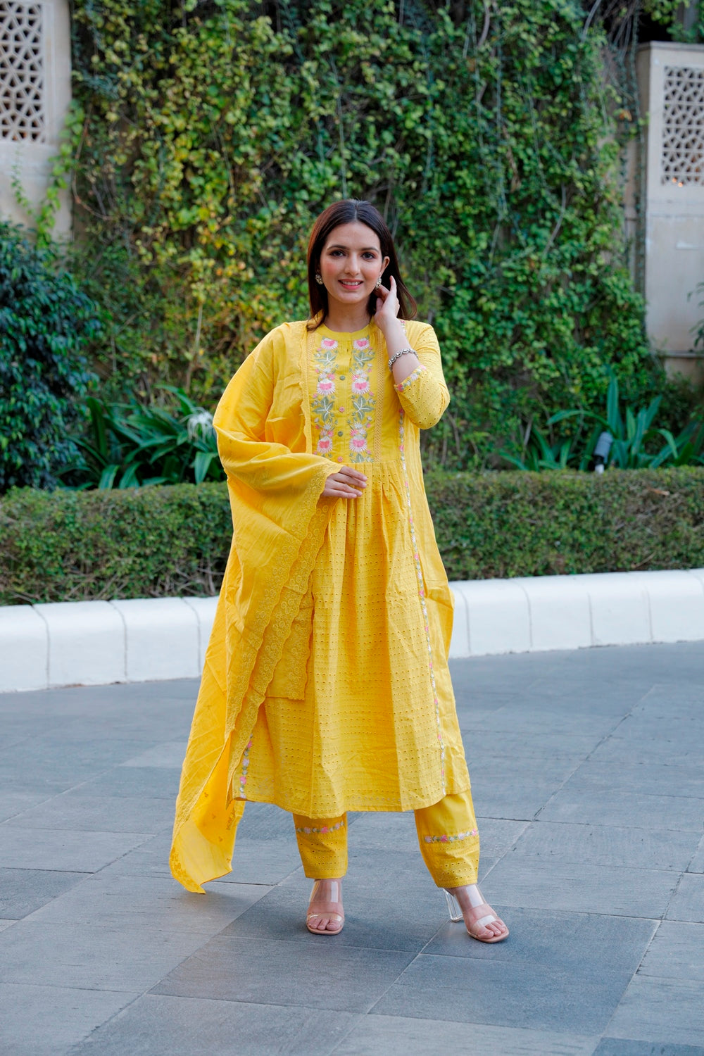 Yellow Cotton Shiffli Kurti, Pant & Dupatta Set