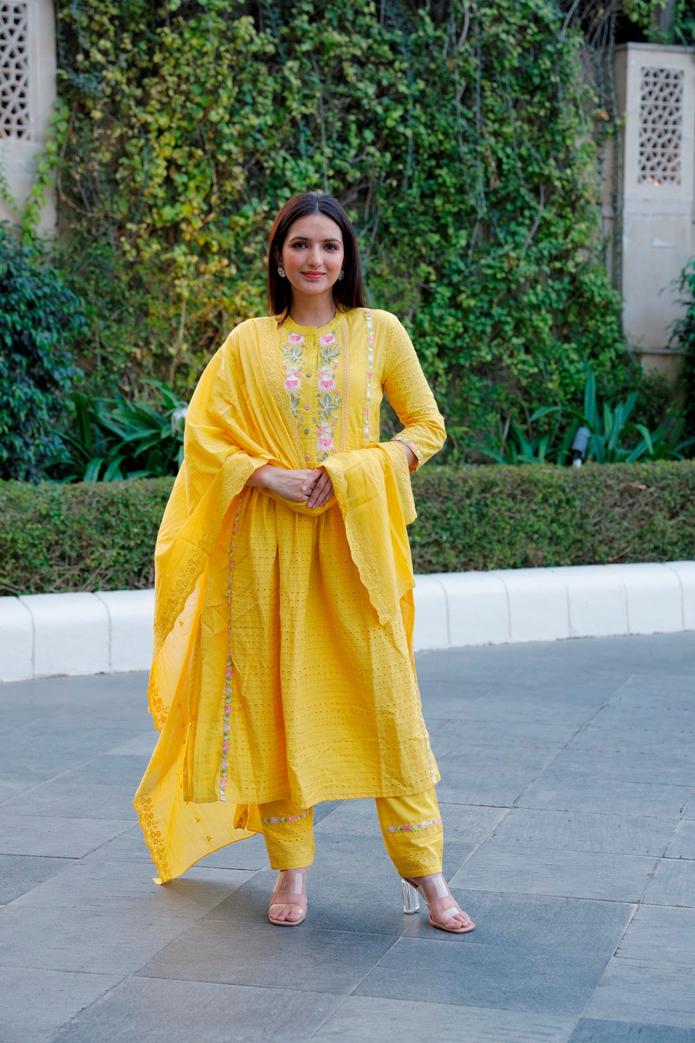 Yellow Cotton Shiffli Kurti, Pant & Dupatta Set