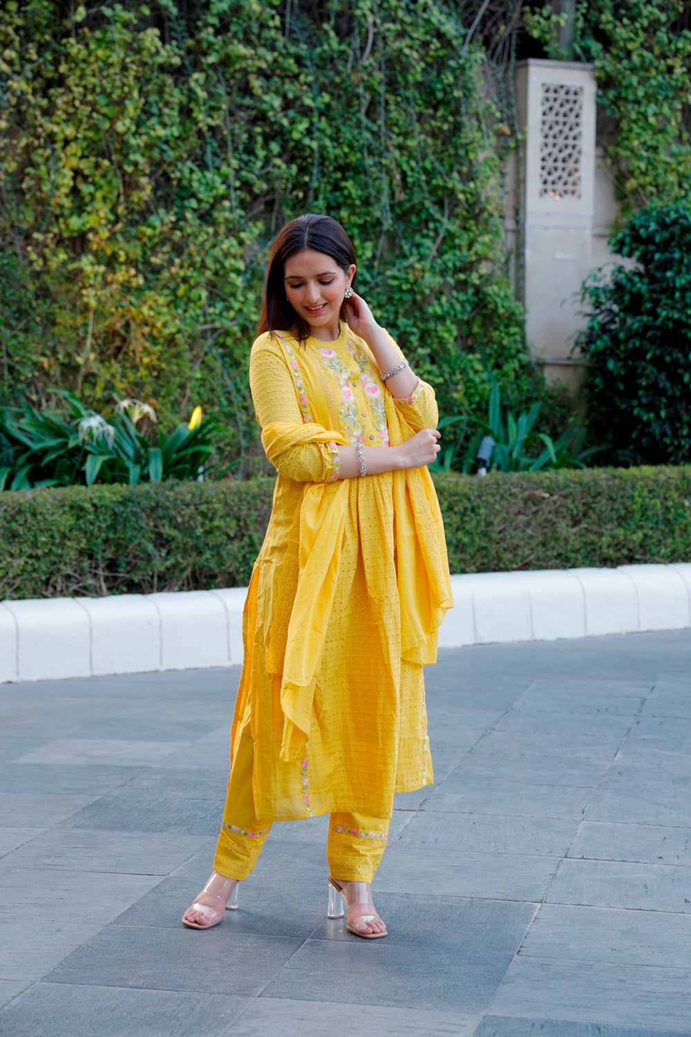 Yellow Cotton Shiffli Kurti, Pant & Dupatta Set