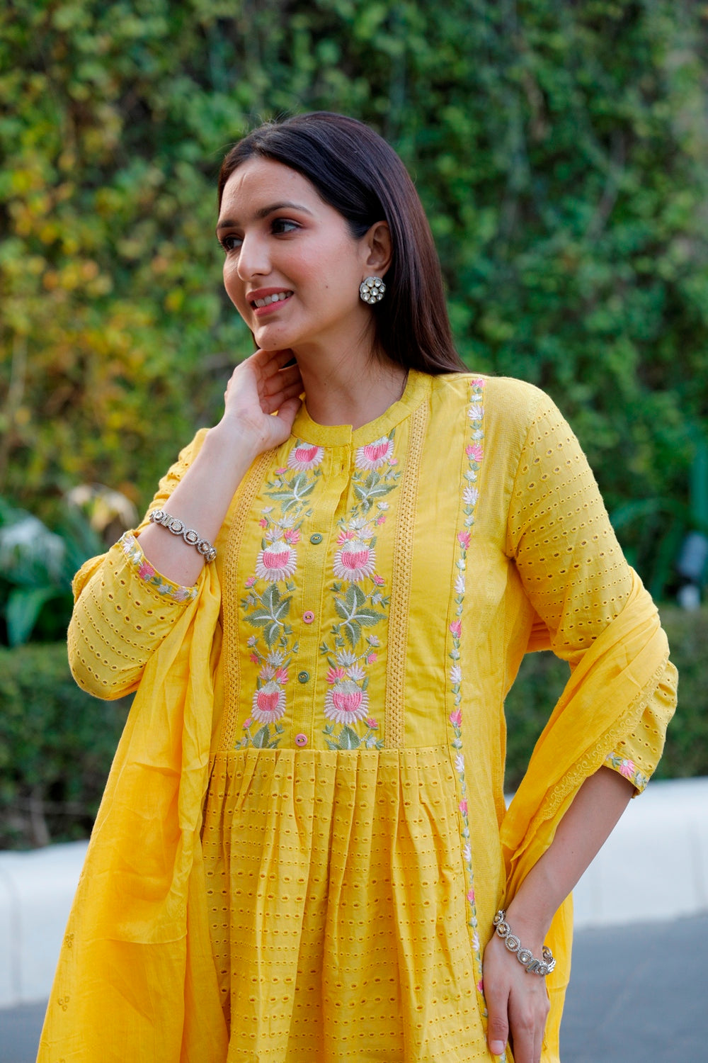 Yellow Cotton Shiffli Kurti, Pant & Dupatta Set