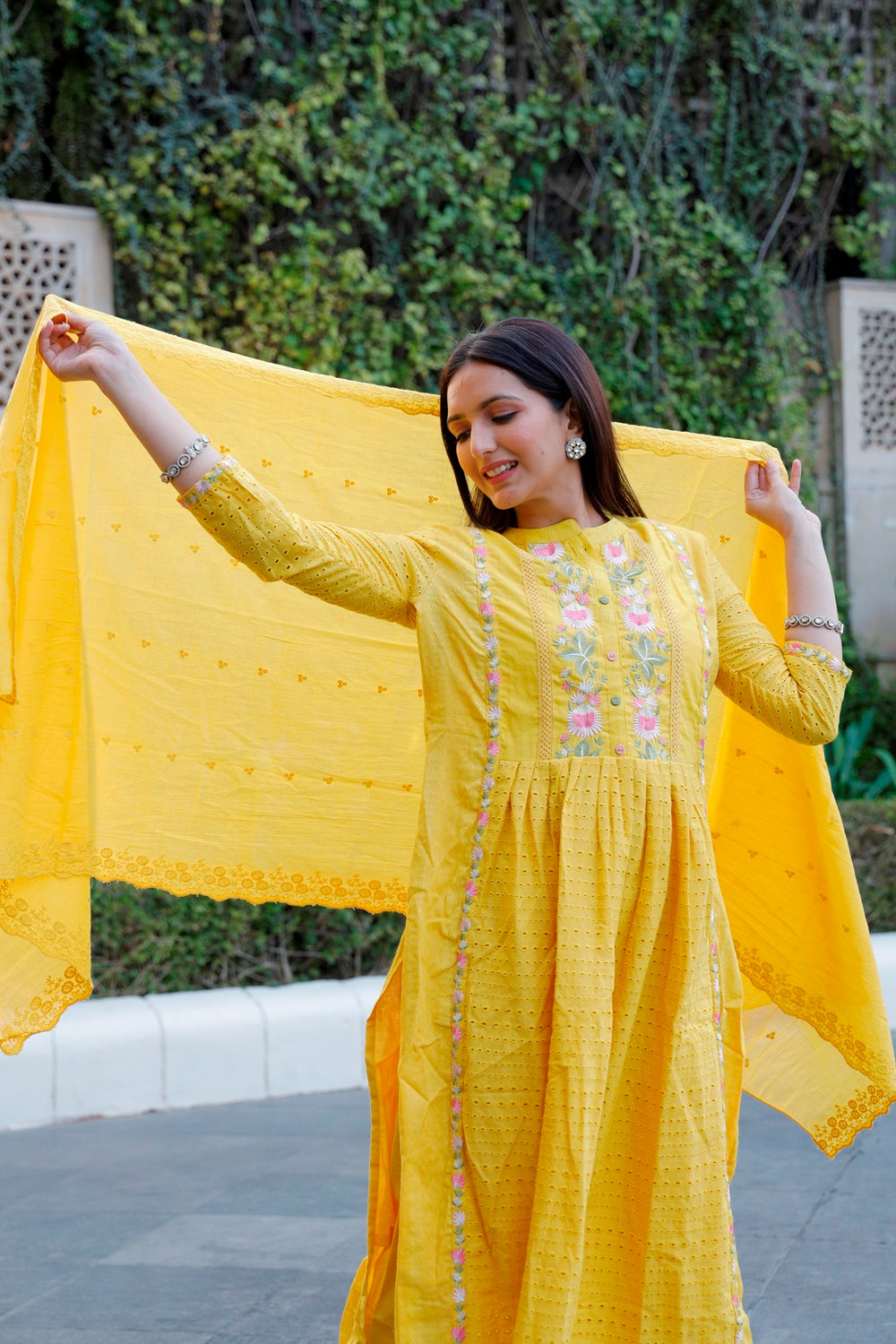 Yellow Cotton Shiffli Kurti, Pant & Dupatta Set