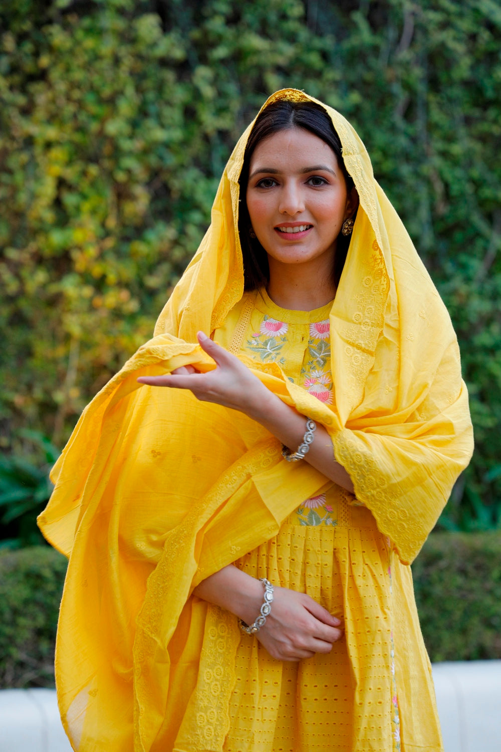 Yellow Cotton Shiffli Kurti, Pant & Dupatta Set