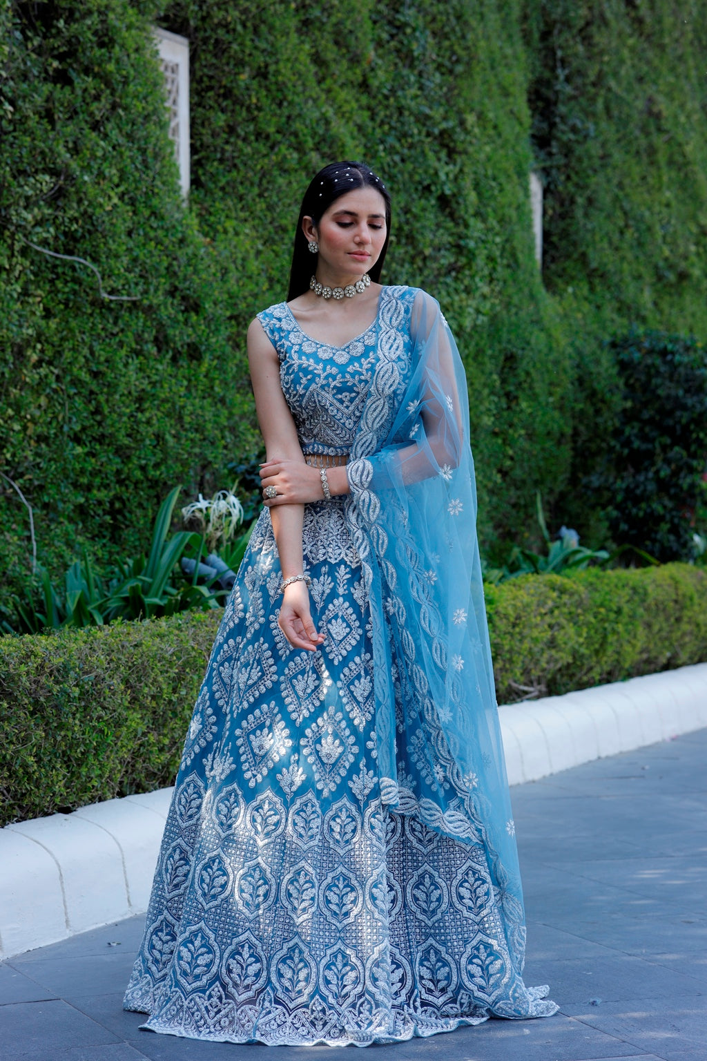 Blue Crop Top Lehanga Set