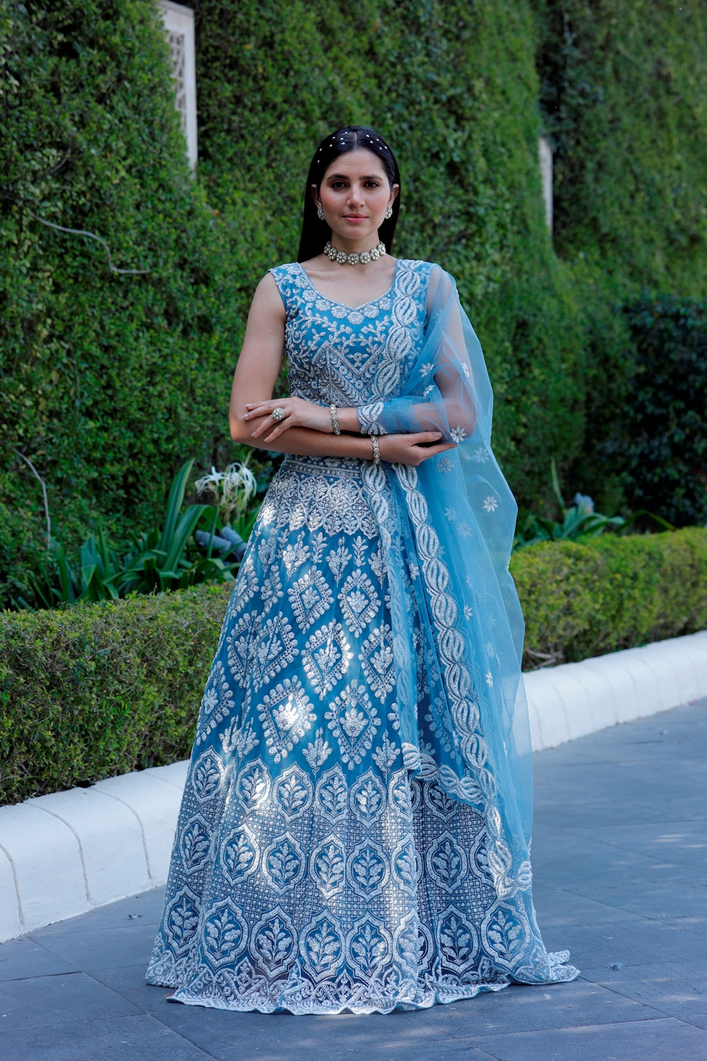 Blue Crop Top Lehanga Set