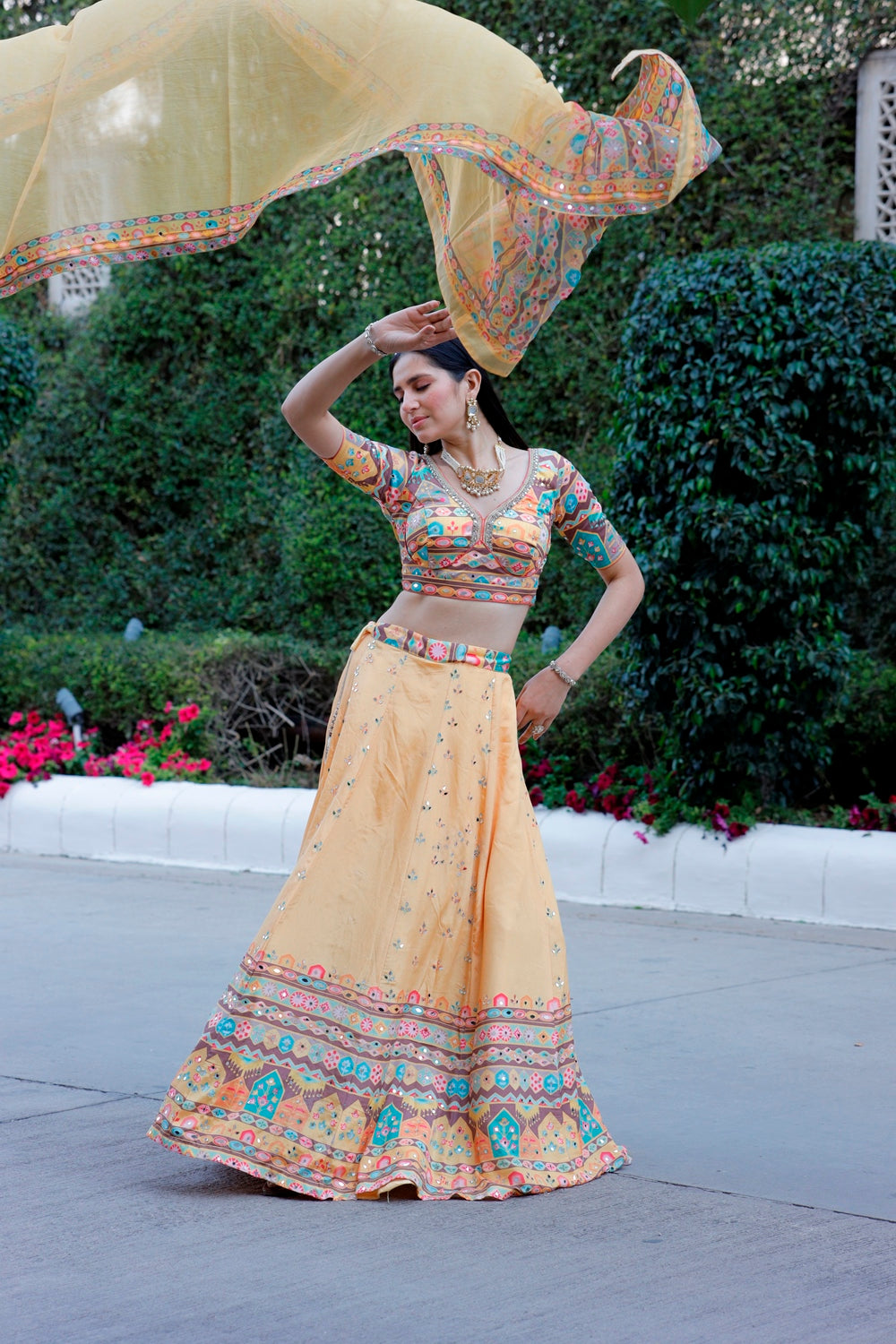 Yellow Multicolor Crop Top Lehanga Set