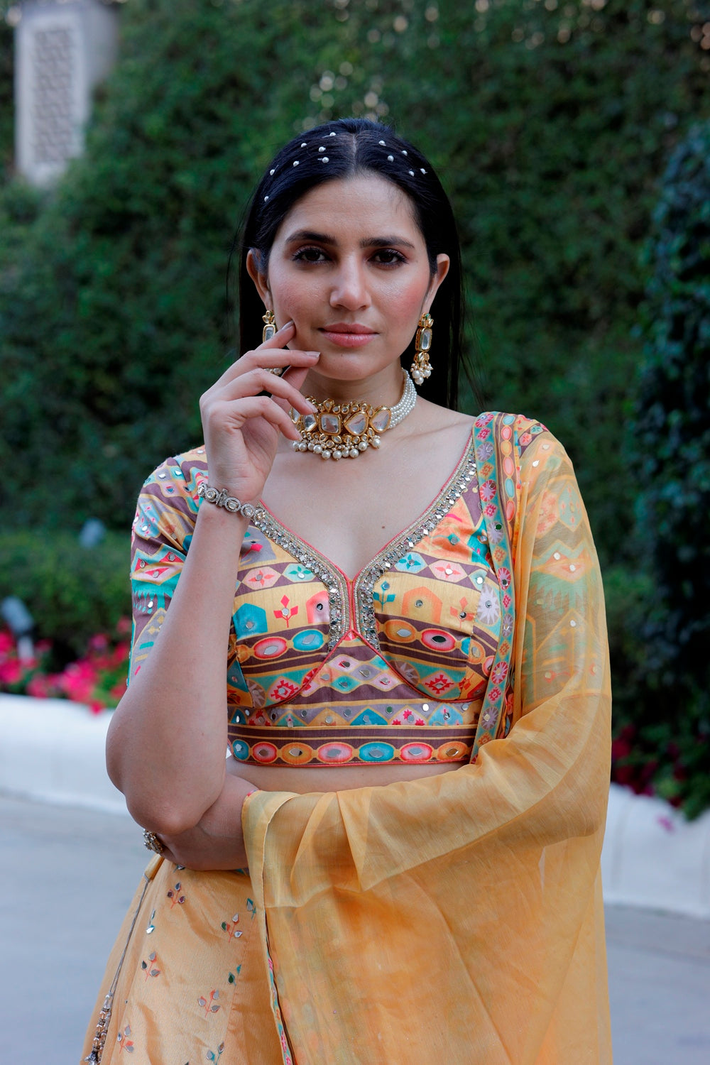 Yellow Multicolor Crop Top Lehanga Set