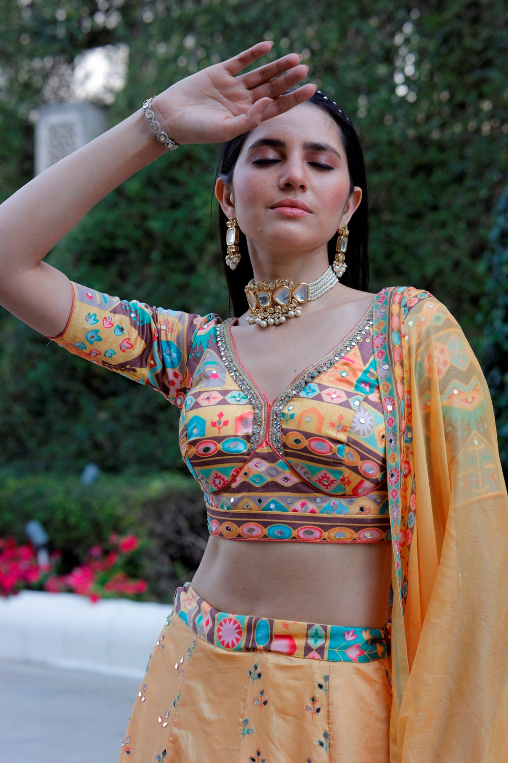 Yellow Multicolor Crop Top Lehanga Set