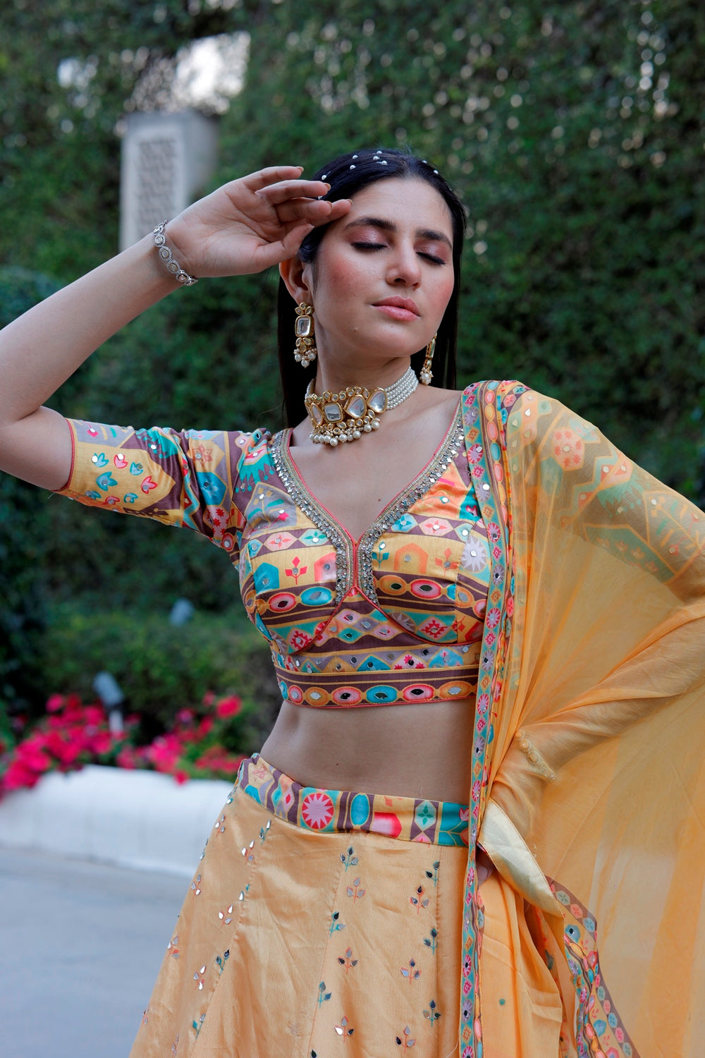 Yellow Multicolor Crop Top Lehanga Set