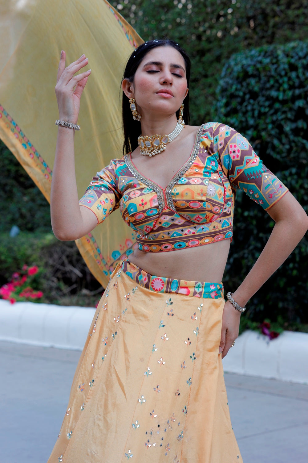 Yellow Multicolor Crop Top Lehanga Set