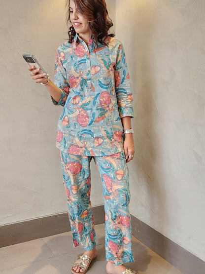 Blue Floral Print Cotton Coord Set