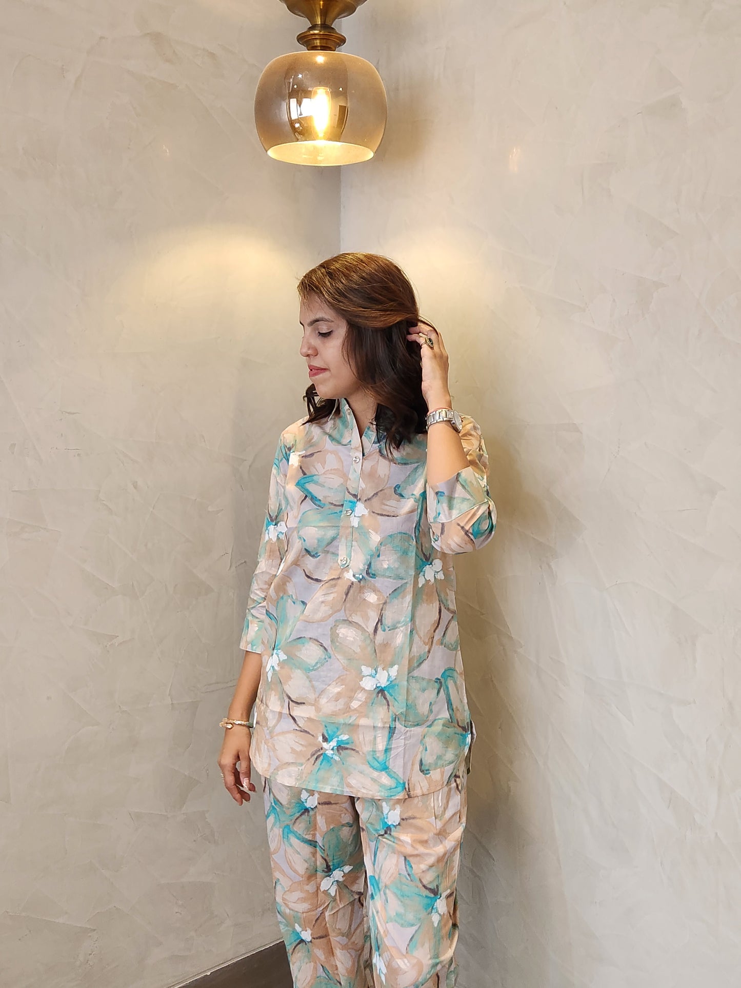 Sea Green Floral Print Cotton Coord Set