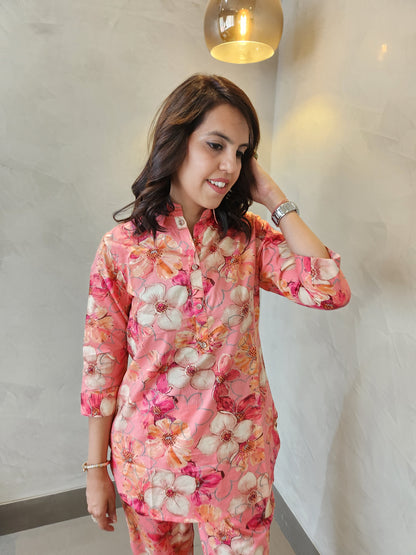Peach Floral Print Cotton Coord Set