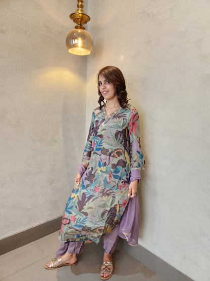 Blue Floral Print Kurta Pant & Dupatta Set
