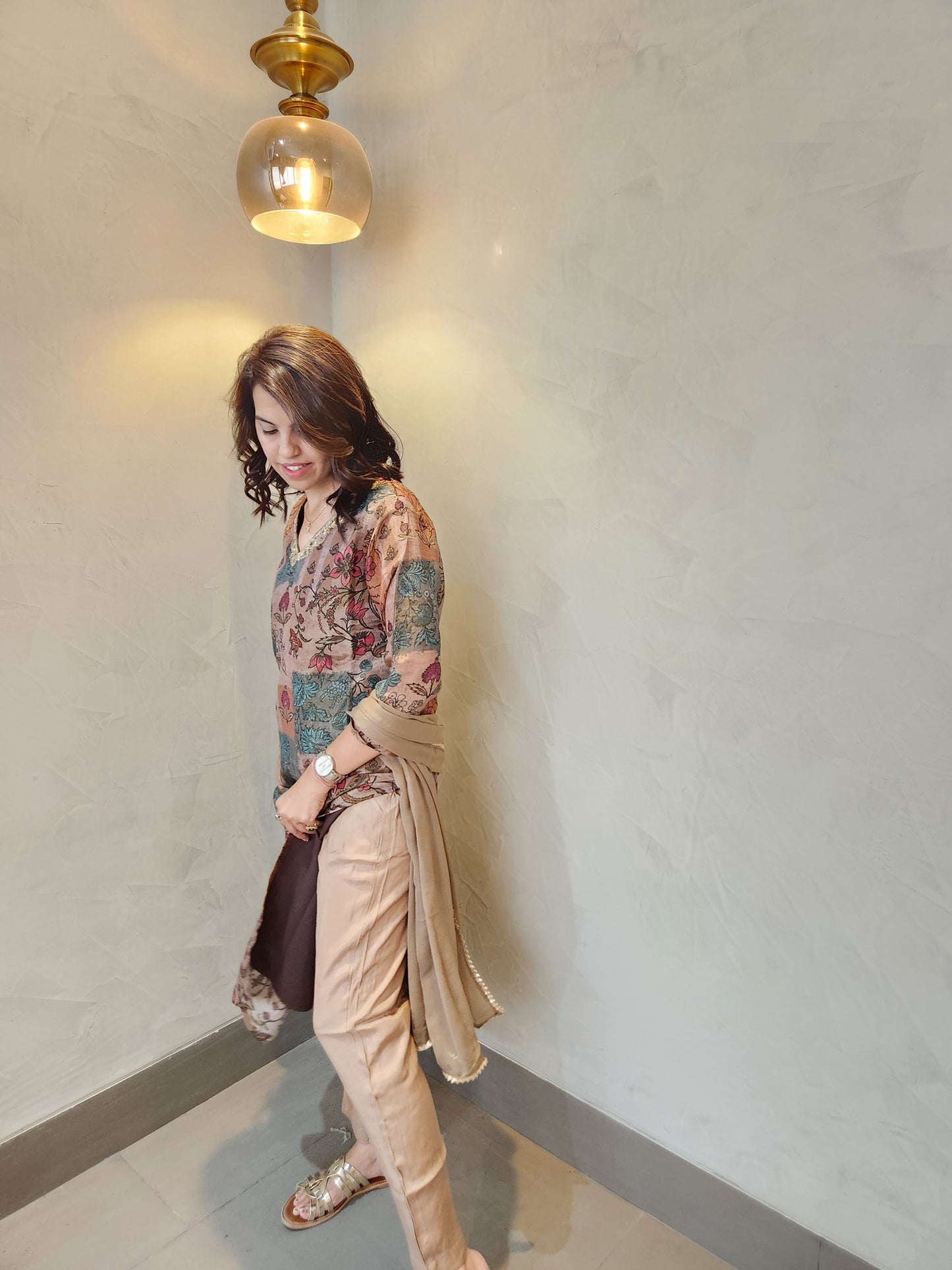 Brown Floral Print Kurta Pant & Dupatta Set