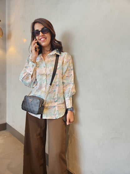 Beige Floral Print Cotton Top
