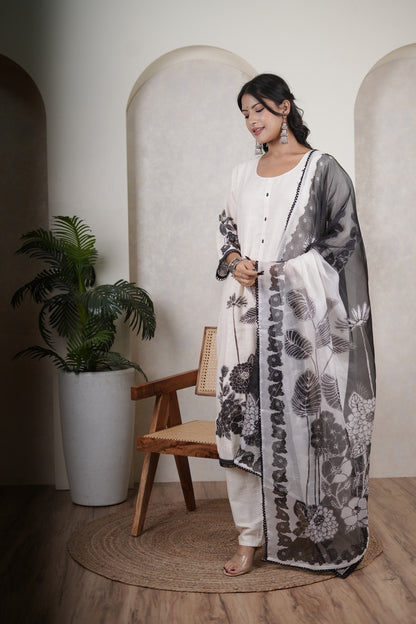 White Kurti Pant with Black dupatta set