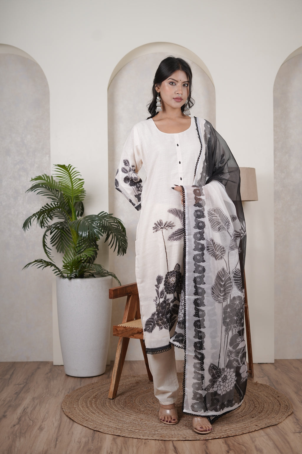 White Kurti Pant with Black dupatta set