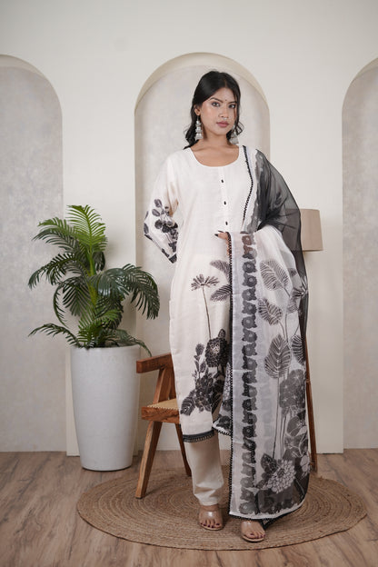 White Kurti Pant with Black dupatta set