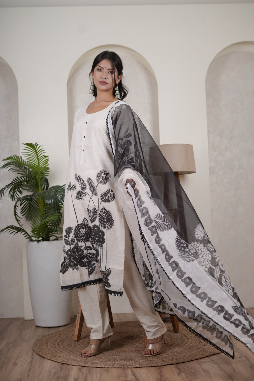 White Kurti Pant with Black dupatta set