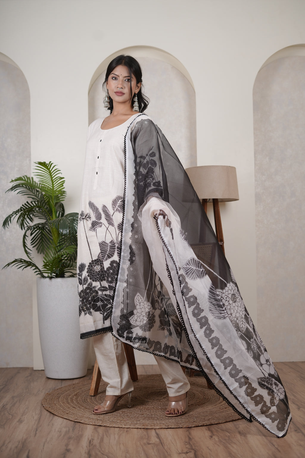 White Kurti Pant with Black dupatta set