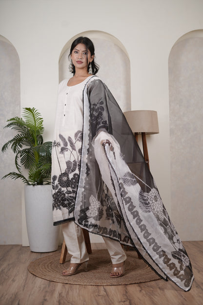 White Kurti Pant with Black dupatta set