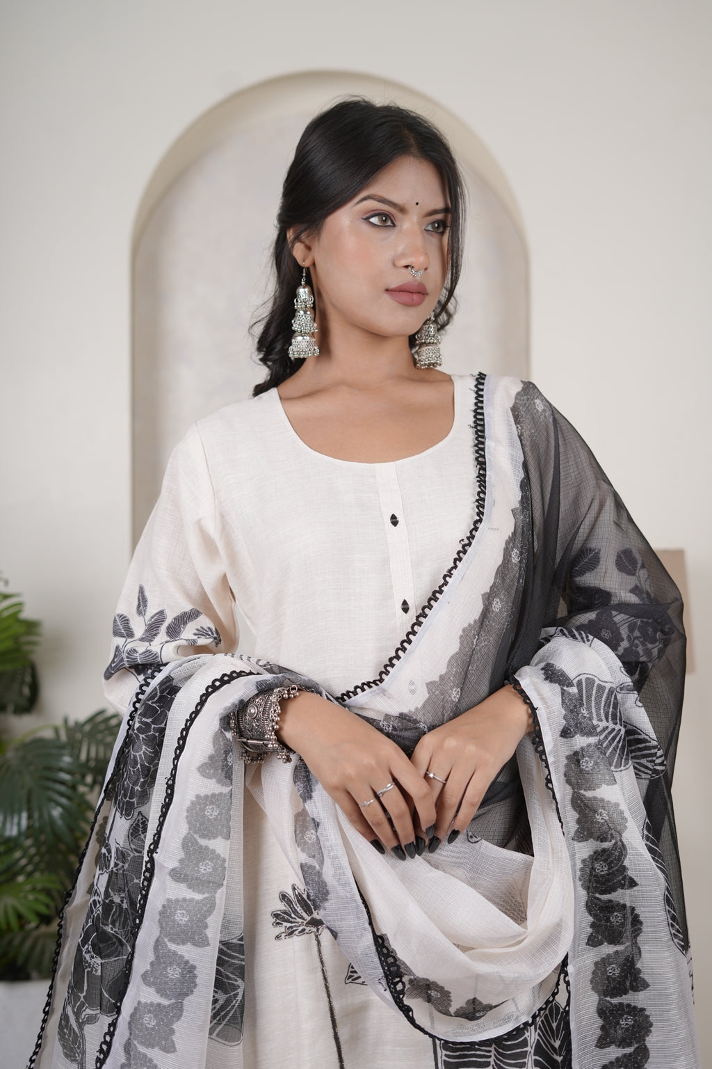 White Kurti Pant with Black dupatta set