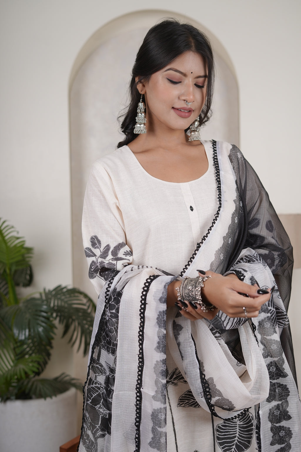 White Kurti Pant with Black dupatta set