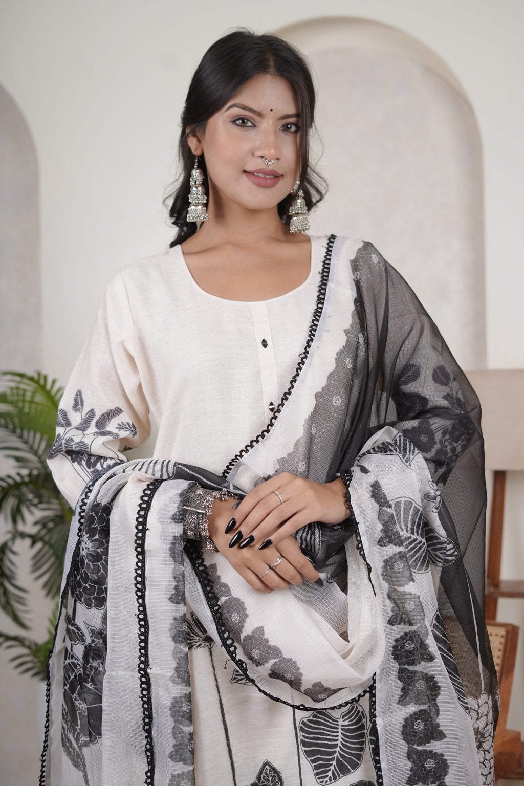 White Kurti Pant with Black dupatta set