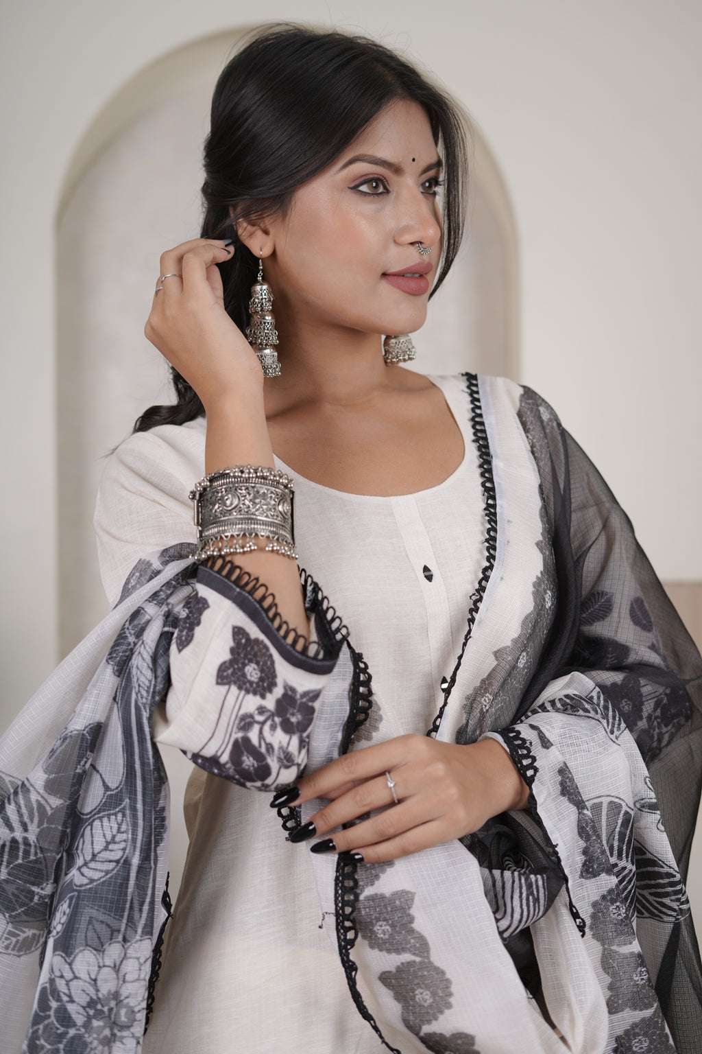 White Kurti Pant with Black dupatta set