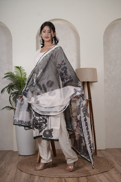 White Kurti Pant with Black dupatta set