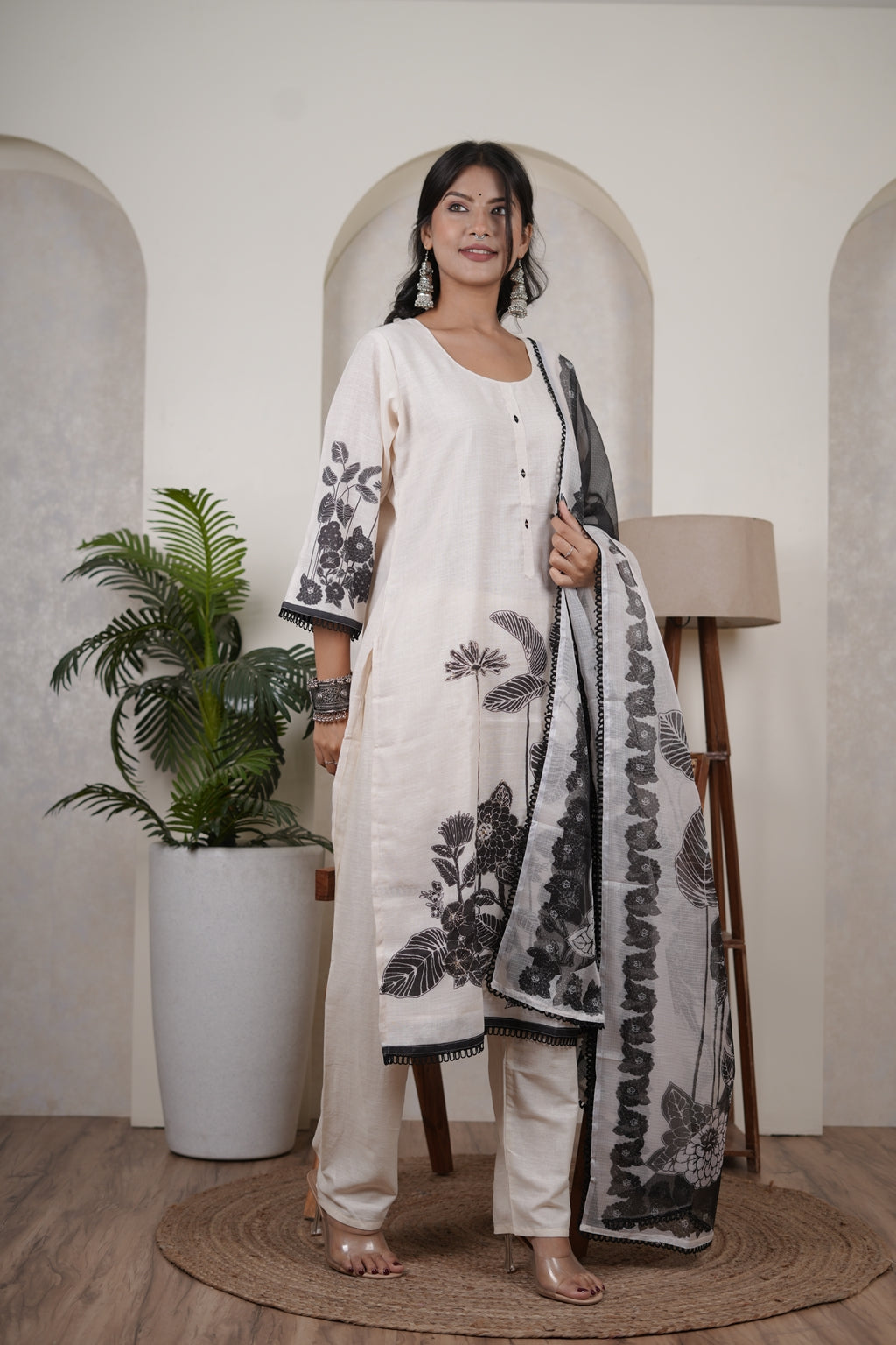 White Kurti Pant with Black dupatta set