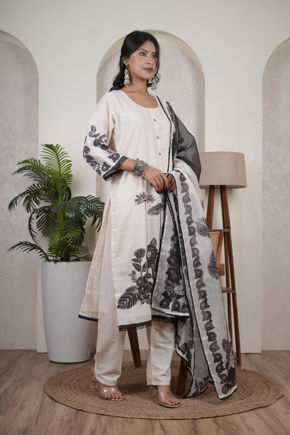 White Kurti Pant with Black dupatta set