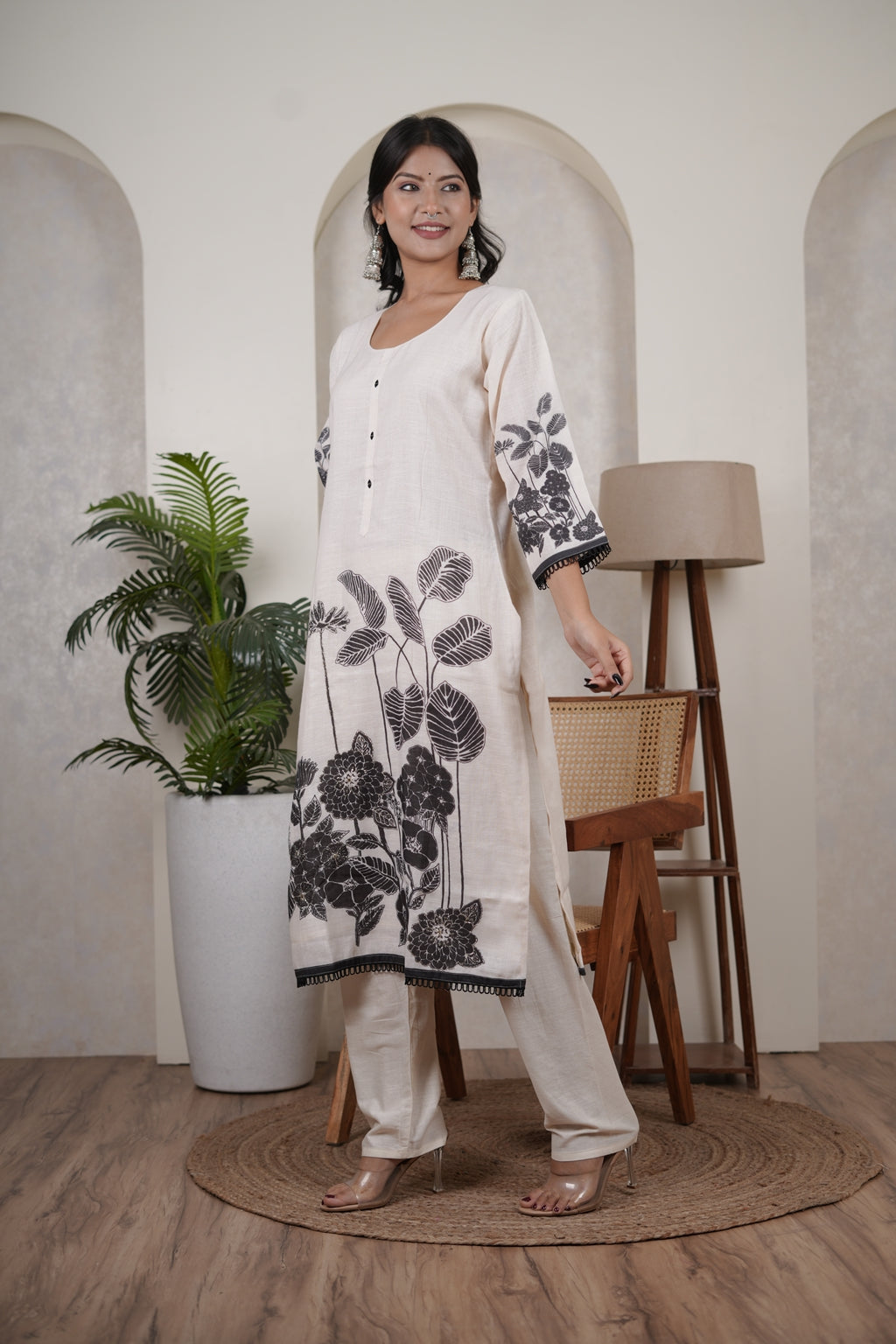 White Kurti Pant with Black dupatta set