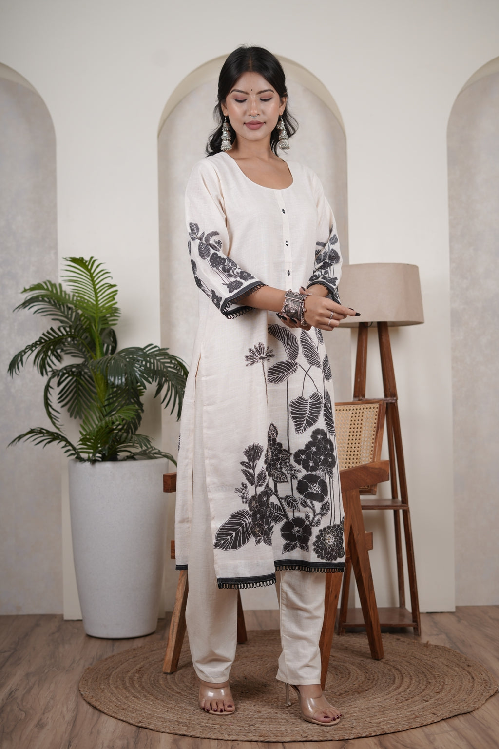 White Kurti Pant with Black dupatta set
