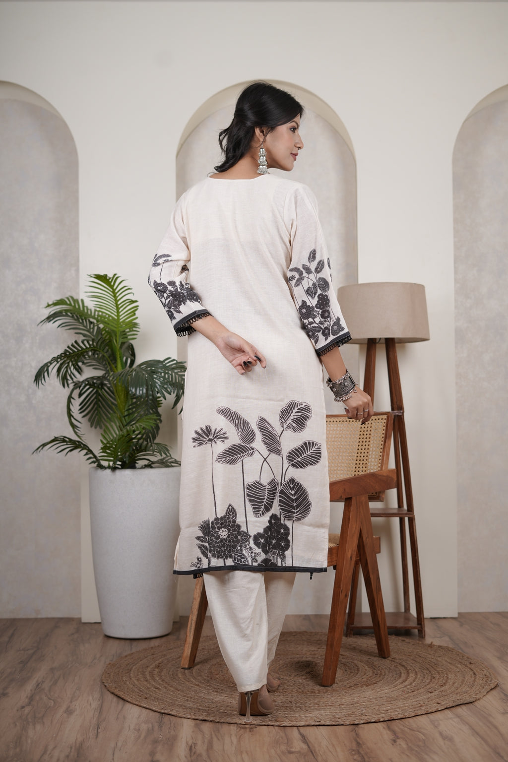 White Kurti Pant with Black dupatta set