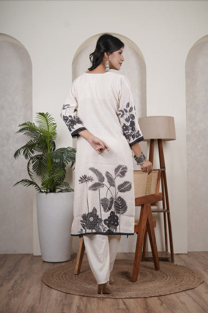 White Kurti Pant with Black dupatta set