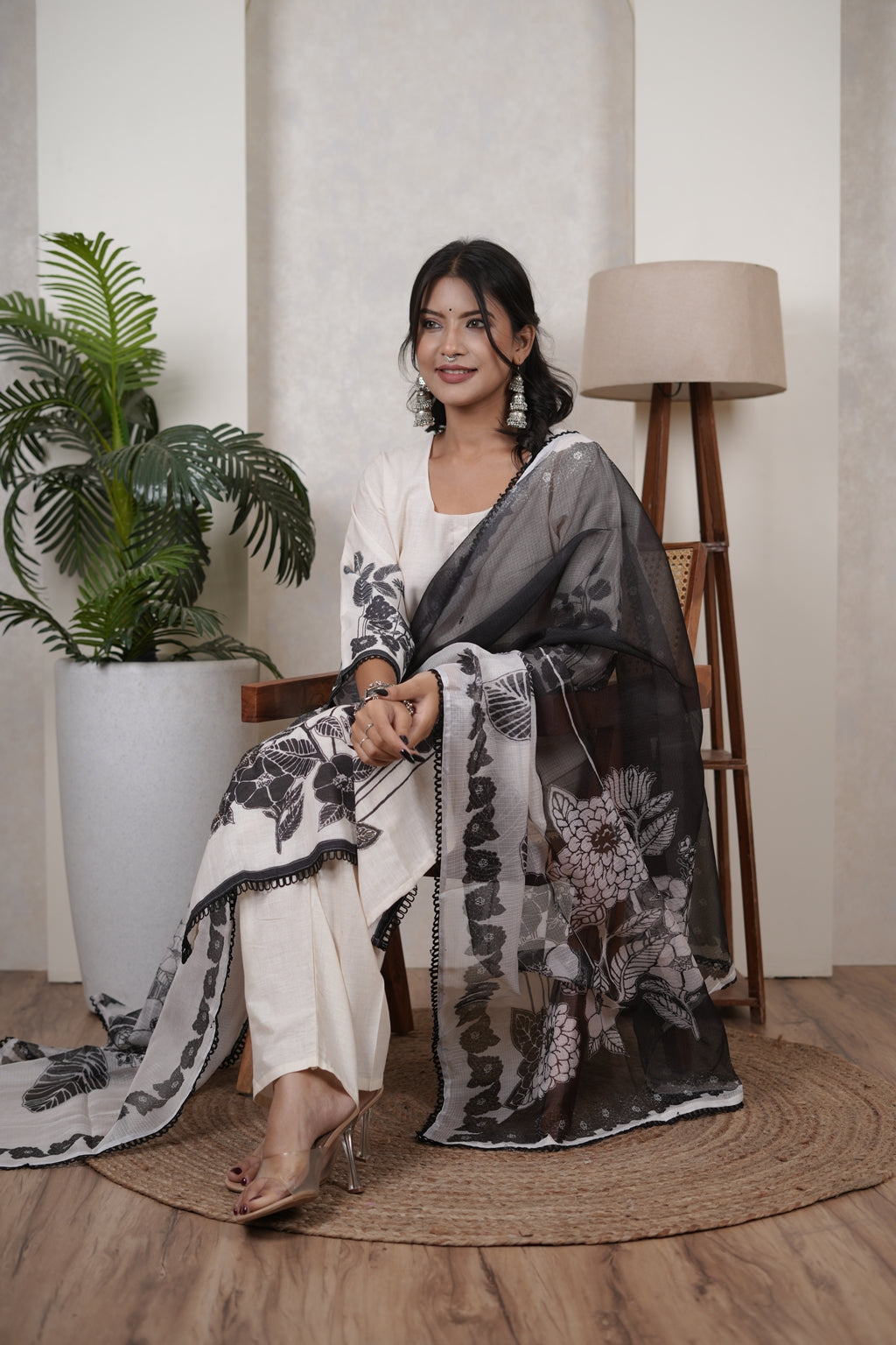 White Kurti Pant with Black dupatta set