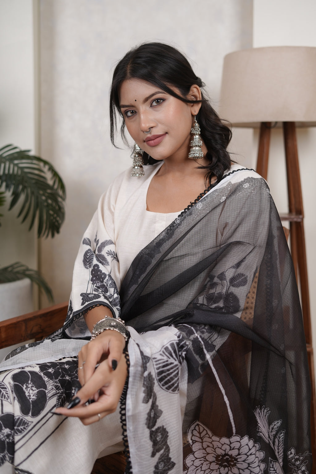 White Kurti Pant with Black dupatta set