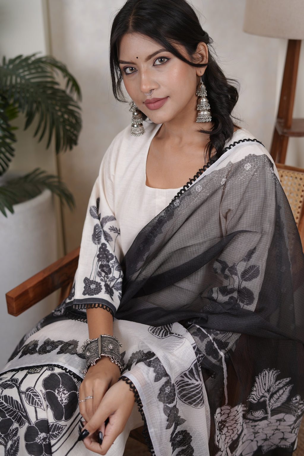 White Kurti Pant with Black dupatta set