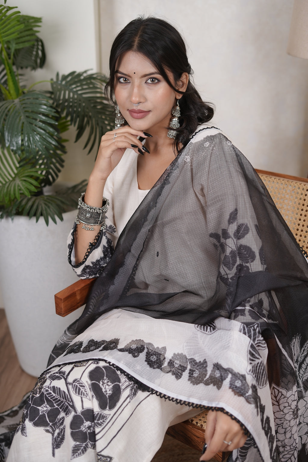 White Kurti Pant with Black dupatta set