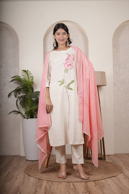 White Pink Kurti Pant dupatta set