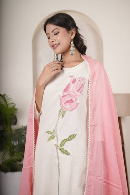 White Pink Kurti Pant dupatta set