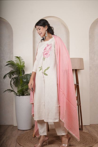 White Pink Kurti Pant dupatta set