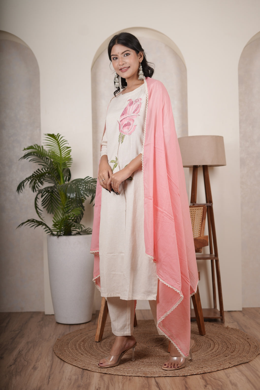 White Pink Kurti Pant dupatta set