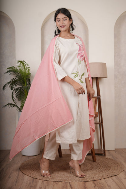 White Pink Kurti Pant dupatta set